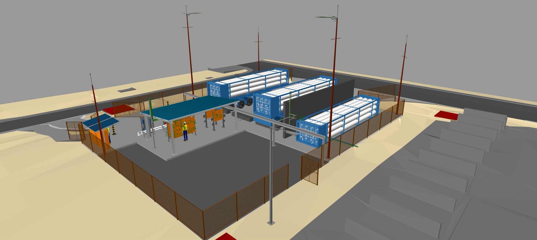 3D model of the hydrogen supply compound at Callide Power Station, with three tube trailers parked beside a covered supply manifold inside a fenced area