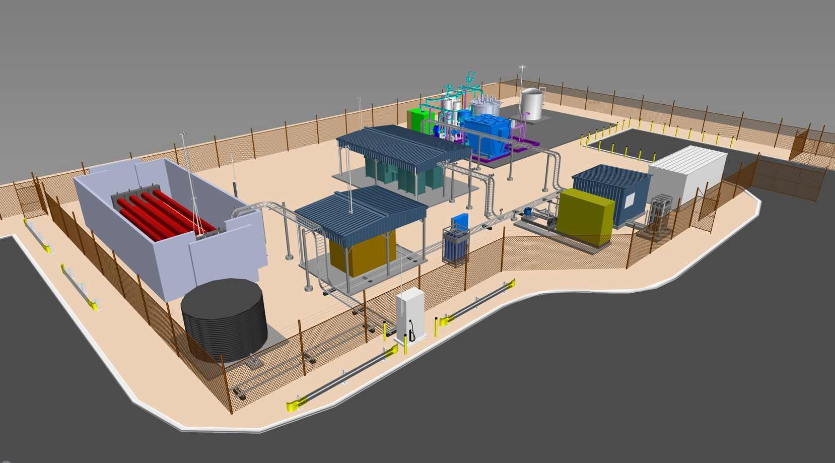 3D model of the proposed KETH site layout, with process equipment, shelters, storage tanks and a dispenser inside a fenced compound